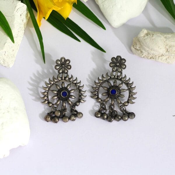 Blue Colour Glass Stone Oxidised Earrings