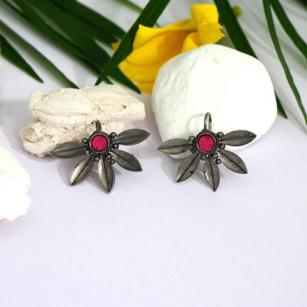 Pink Color Glass Stone Oxidised Earrings
