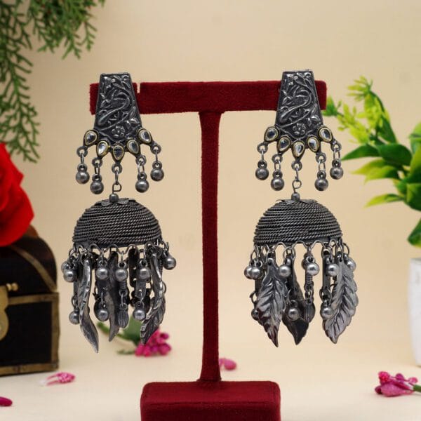 Silver Color Oxidised Big Jhumka Earrings