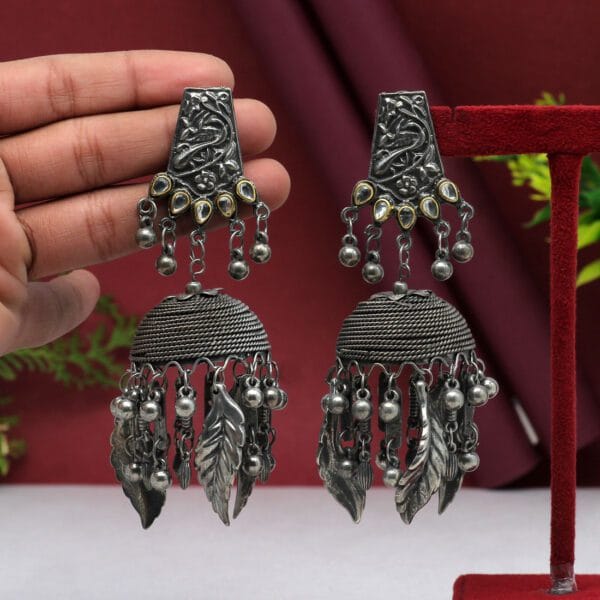 Silver Color Oxidised Big Jhumka Earrings - Image 2