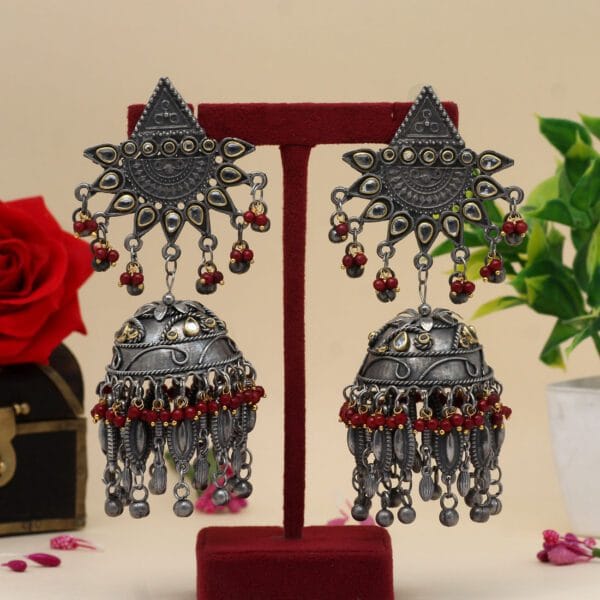 Maroon Colour Oxidised Big Jhumka Earrings