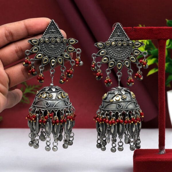Maroon Colour Oxidised Big Jhumka Earrings - Image 2