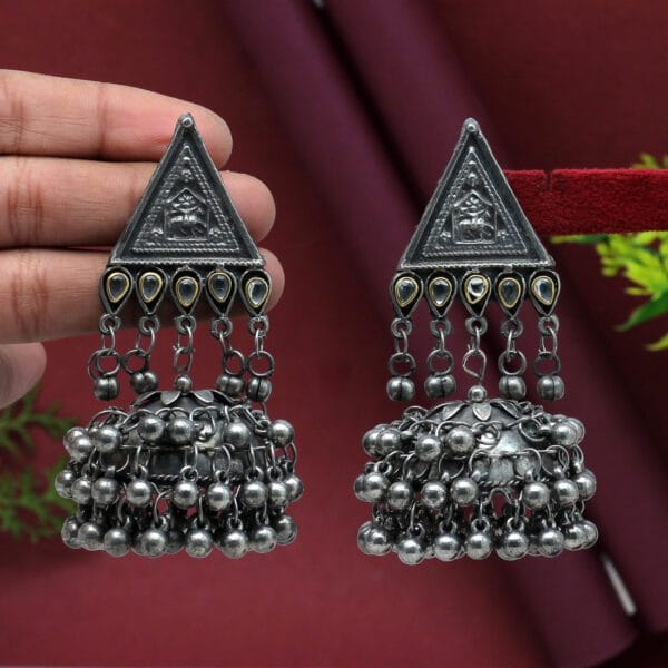 Silver Colour Oxidised Big Jhumka Earrings - Image 2