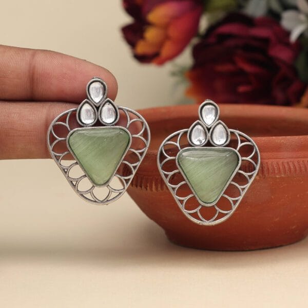 Light Green Color Monalisa Stone Oxidised Earrings