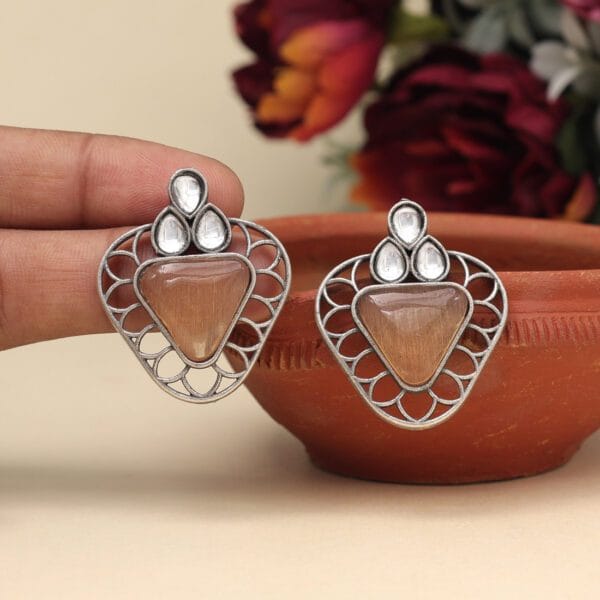 Peach Color Monalisa Stone Oxidised Earrings
