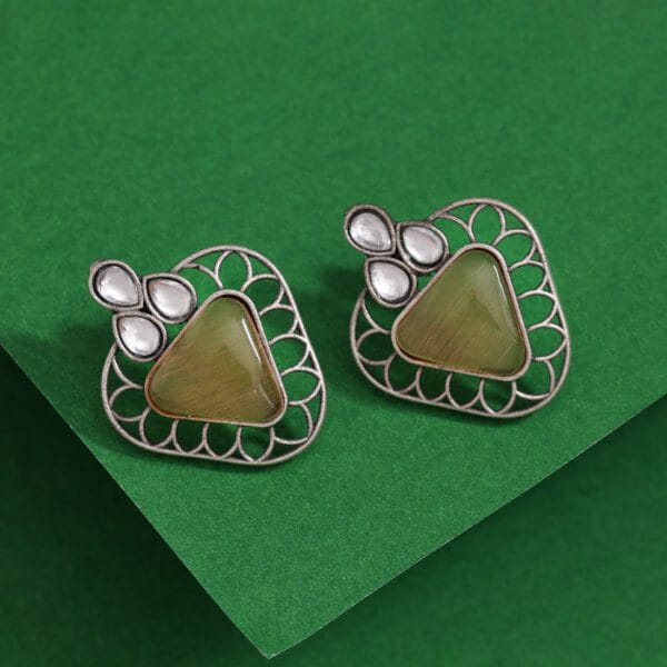 Peach Color Monalisa Stone Oxidised Earrings