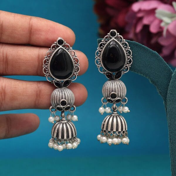 Black Colour Monalisa Stone Oxidised Earrings