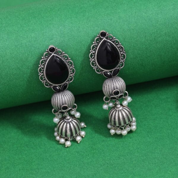 Black Colour Monalisa Stone Oxidised Earrings