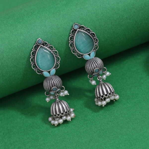 Pista Green Colour Monalisa Stone Oxidised Earrings