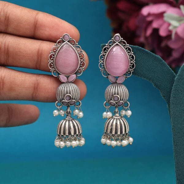 Pink Colour Monalisa Stone Oxidised Earrings