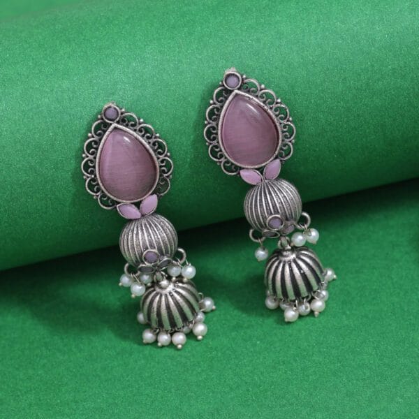 Pink Colour Monalisa Stone Oxidised Earrings