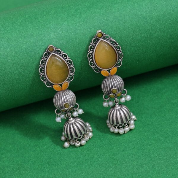 Yellow Colour Monalisa Stone Oxidised Earrings