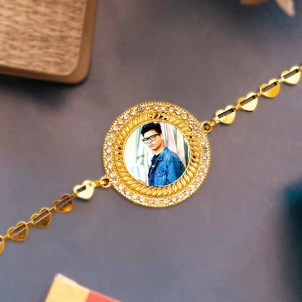Customised Golden Bracelet Metal Rakhi with Roli Chawal - Image 3