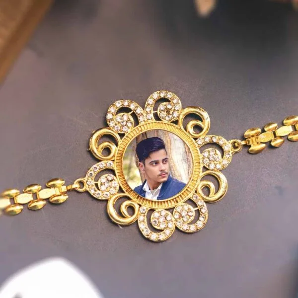 Customised Golden Bracelet Metal Rakhi with Roli Chawal - Image 2