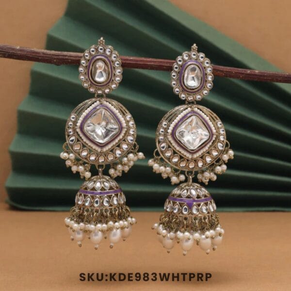 White & Purple Color Kundan Earrings